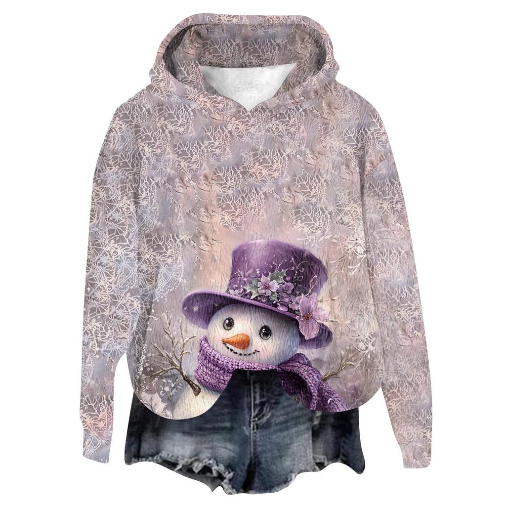 Women's Hooded Long Sleeve Christmas Printed Flannel Top Hooded Sweatshirt