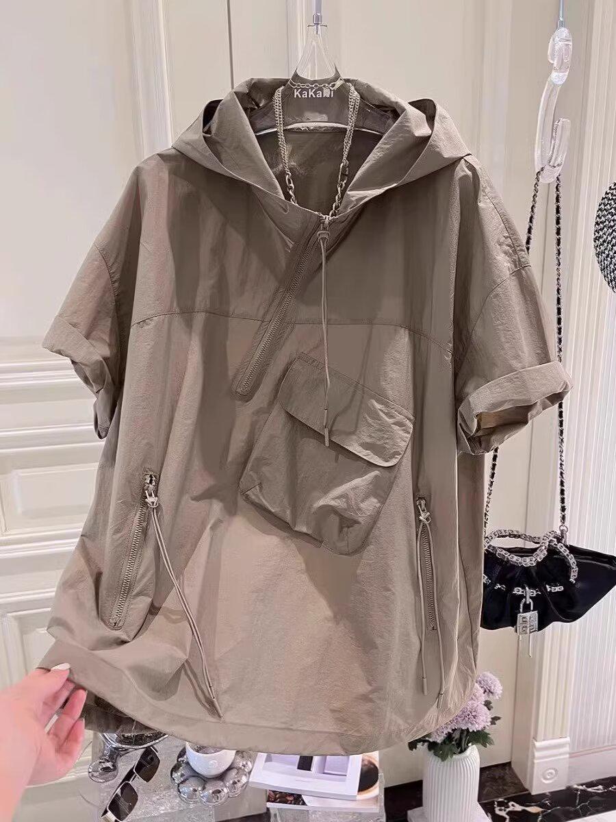 

Чоловіча модна вільна літня футболка з капюшоном і короткими рукавами 2024 року – модний гонконгський стиль M хакі