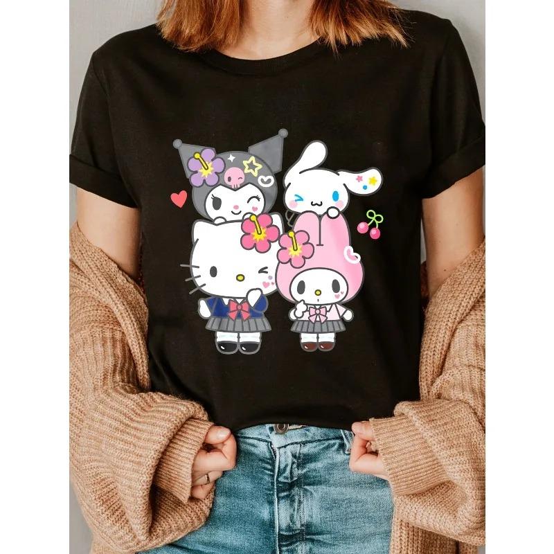 Sanrio Characters Hello Kitty Kuromi My Melody Cinnamoroll Kawaii T-Shirt, Unisex Cute Anime Streetwear Tee, 100% Cotton Casual Short Sleeve Top