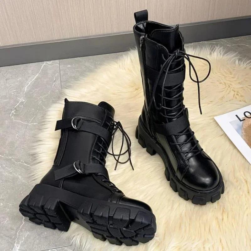 Women's Mid-Calf Boots High Quality Casual Leather Boots Fashion Motorcycle Booties Designer Belt Buckle Knight Boots for Women