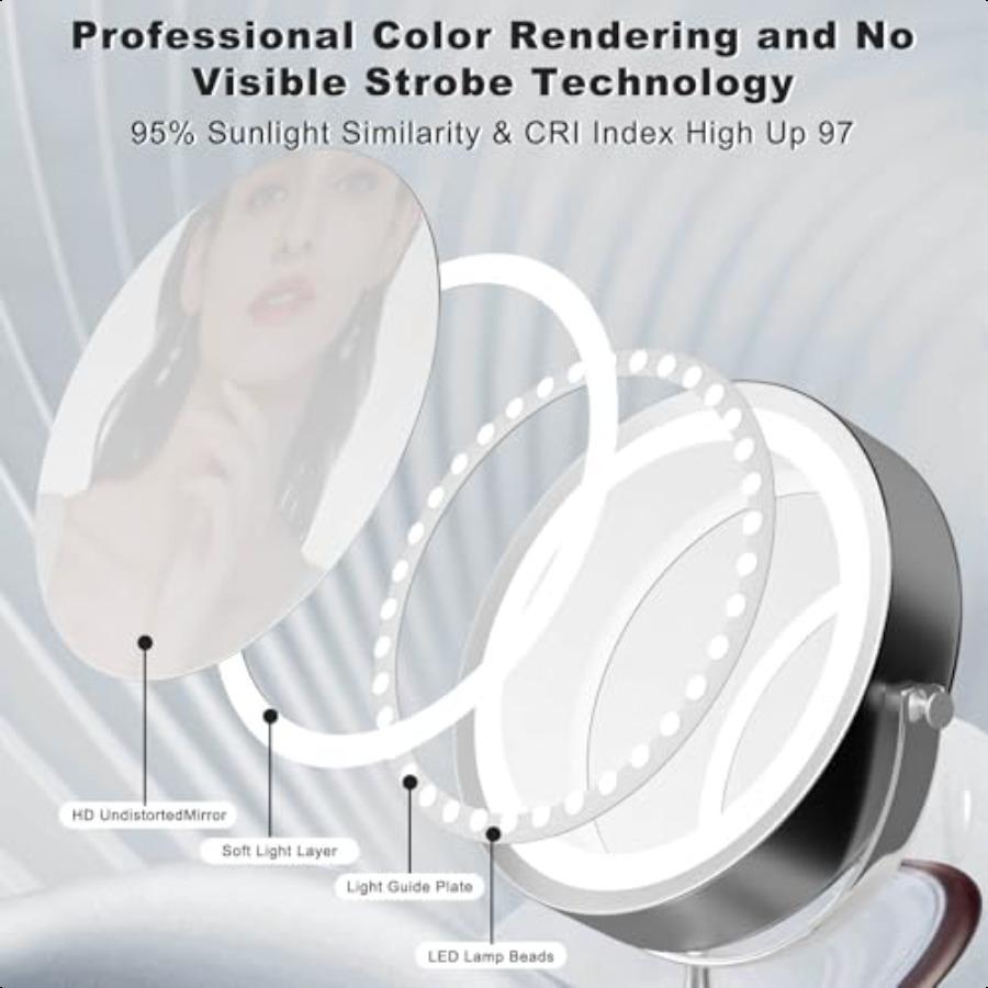 Rechargeable 2Sided Makeup Mirror 1X 10X Magnification 3 Color Lights 360 Swivel Cordl Detachable 4500mAh Battery