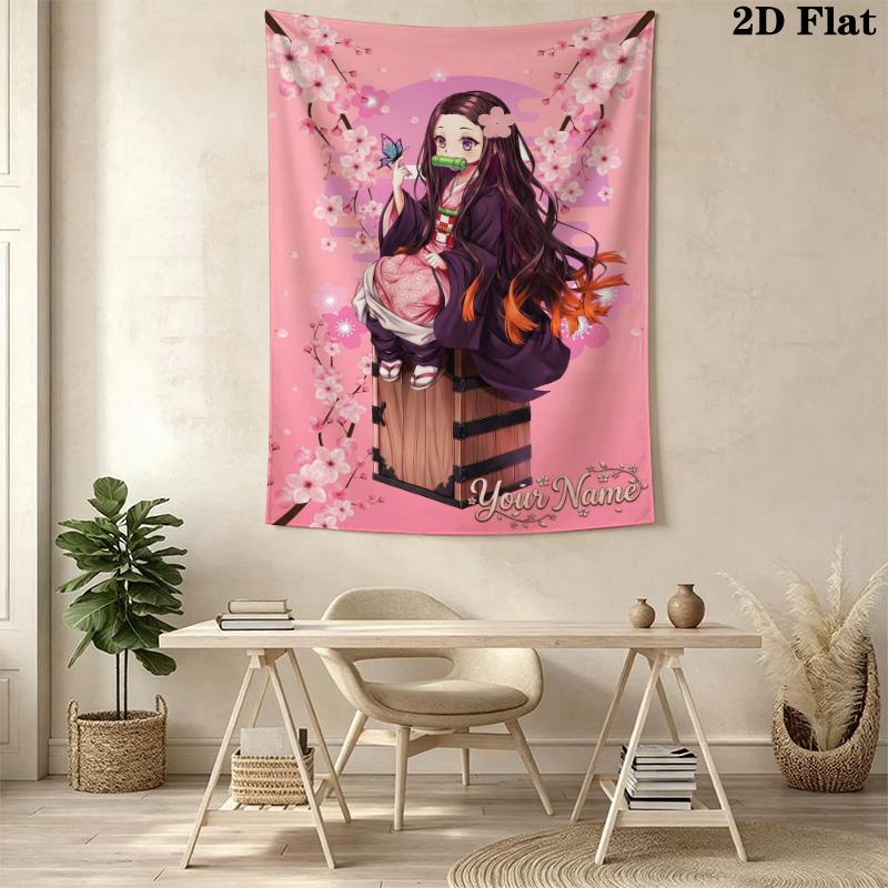 Name Custom Nezuko Wall Tapestry Aesthetic Wall Hanging Printed Fabric Blanket Decorative Tapestries for Bedroom Living Room Home Decor