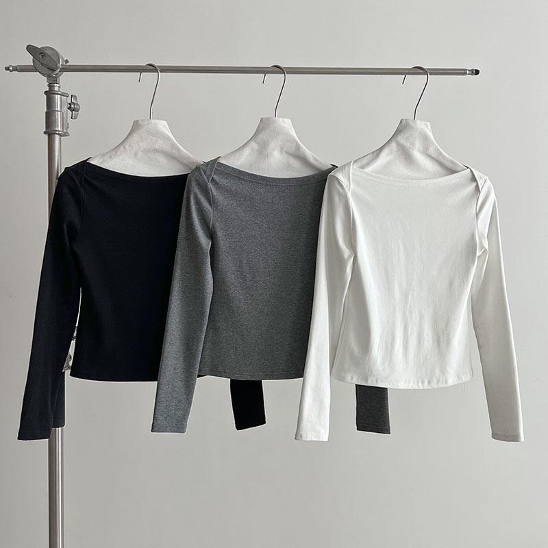 Lu Xi Retro High-Intellect Boat Neck Slim Fit Long Sleeve Top for Women - Autumn Edition