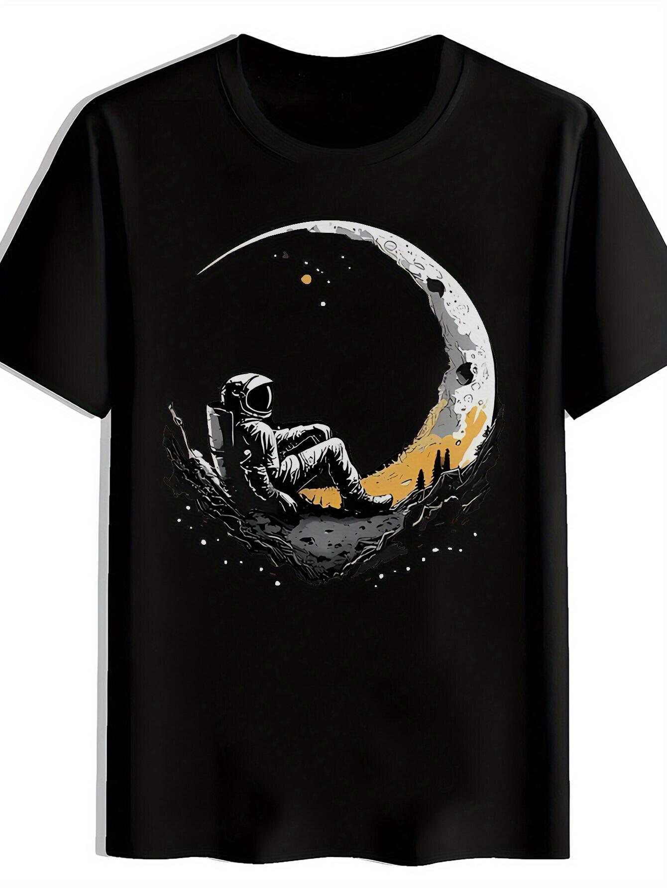 T-shirt Astronaut Moon Print - Casual Crew Neck Short Sleeve Tee XS