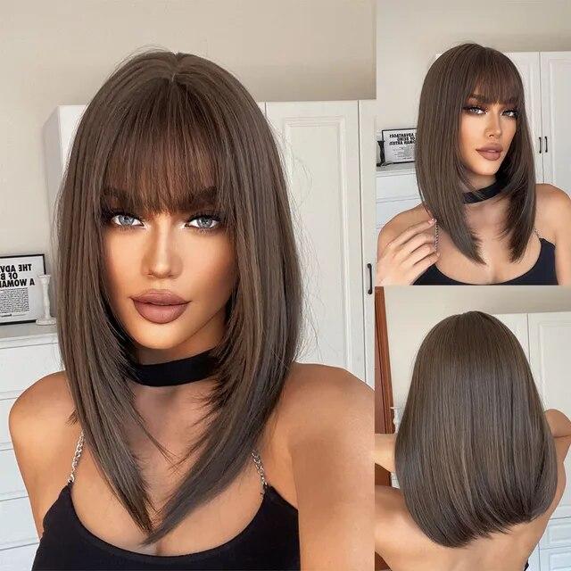 Gerade schwarze Bob-Synthetik-Perücke mit Pony, mittellang, geschichtete Cosplay-Perücken für Frauen, natürliches Haar, tägliche Perücke, hitzebeständig