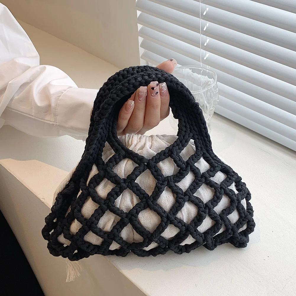 Cotton Thread Purse Handbag Fashion Knitting Mini Top-Handle Bag Personality Boho Tote Bag Woven for Women Girls Casual Summer