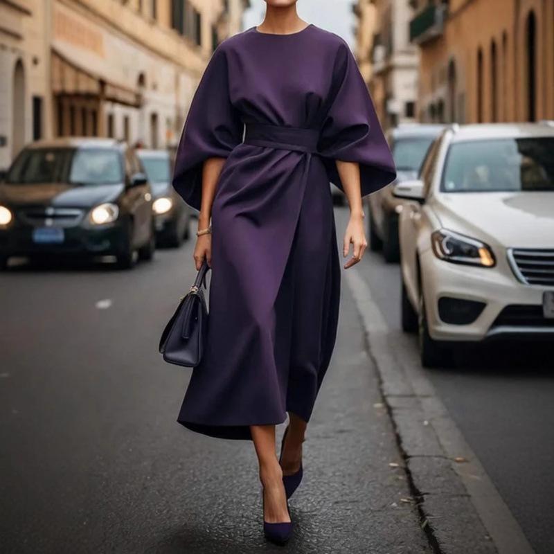 Dámské módní elegantní šaty s pasem, ležérní šaty s netopýřím rukávem