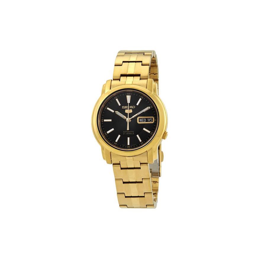 Seiko 5 30 Meters Water Resistant Automatic Mechanical Movement Gold Plated Watch Black Dial Men watches SNKL88 Gold Strap
