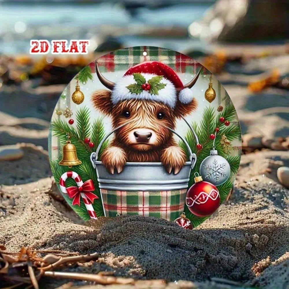 Rustic Scottish Highland Cow Metal Wall Art Round Plaque Farmhouse Decor 7.8 Inch