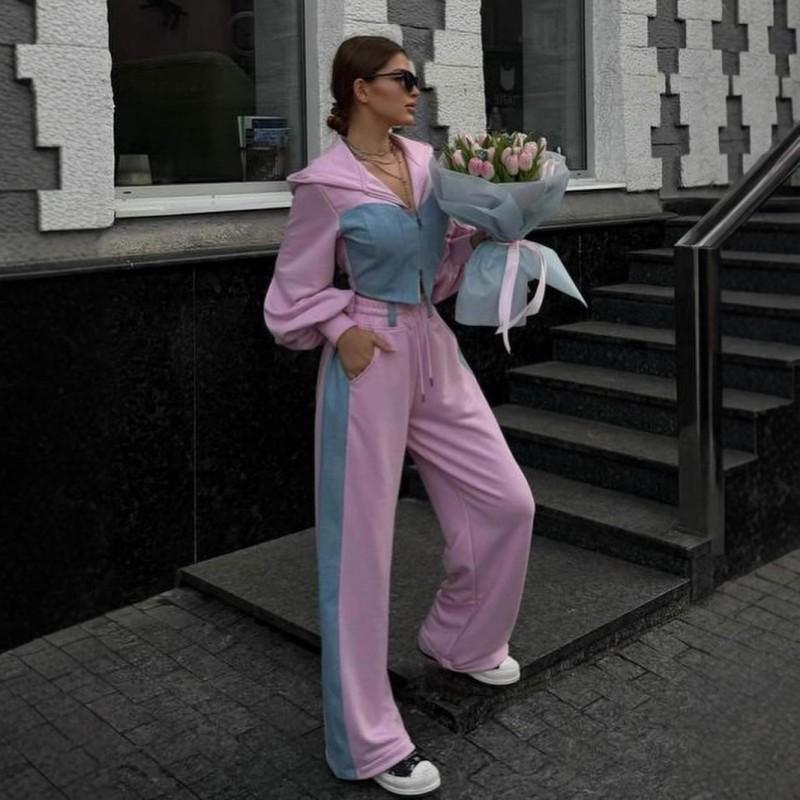 Womens Casual Hooded Sweatshirt Pants Set With Denim Patchwork Long Sleeve 2026