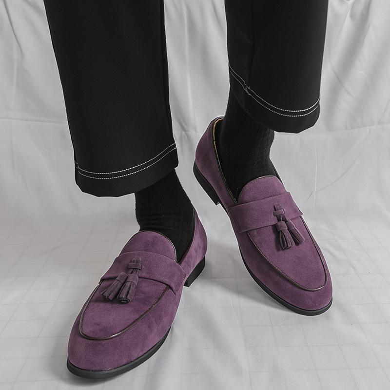 Trendy New Purple Brown Tassel Loafers New Men's Pointed Suede Leather Shoes Designer Formal Wedding Dress Homecoming Footwear