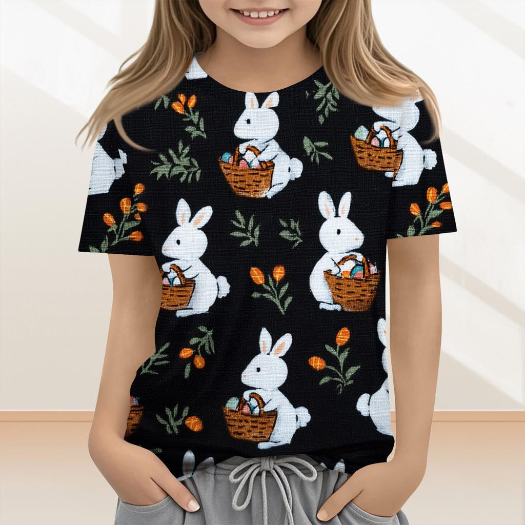 Lässige und modische Osterkleidung für Kinder, mit Hasen, Ostereiern und bedruckten kurzärmeligen Oberteilen und T-Shirts.