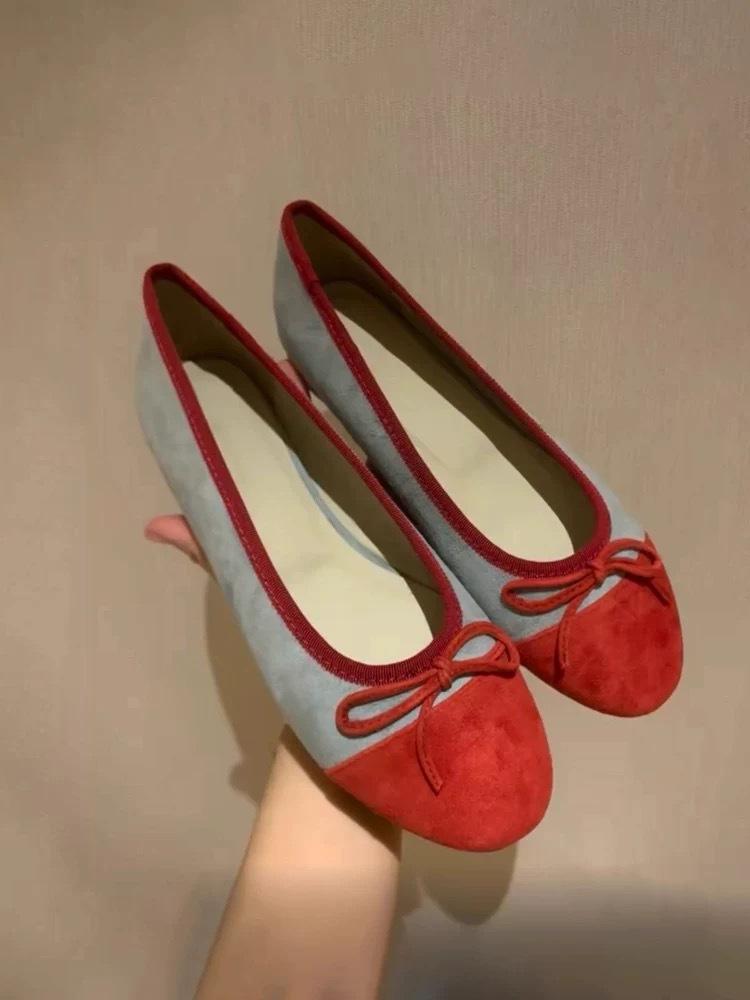 Cowhide Version~ Korean Version of Color Matching Round Head Suede Bow Flat-bottomed Mary Jane Single Shoes Women's One-pedal Ballet Shoes