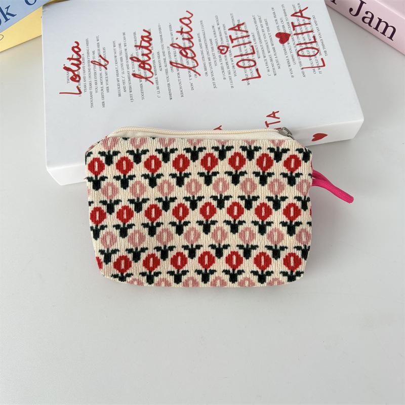 New Corduroy Floral Coin Wallet Women Portable Lipstick Makeup Bag Children's Cute Coin Purse Small Wallet Large Capacity ID Bag