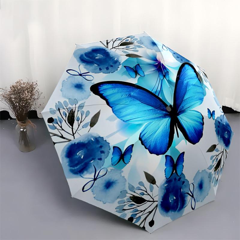 1pc Blue Butterfly Floral Umbrella with Plastic Handle,Compact & Stylish,Suitable for All Seasons YS331027