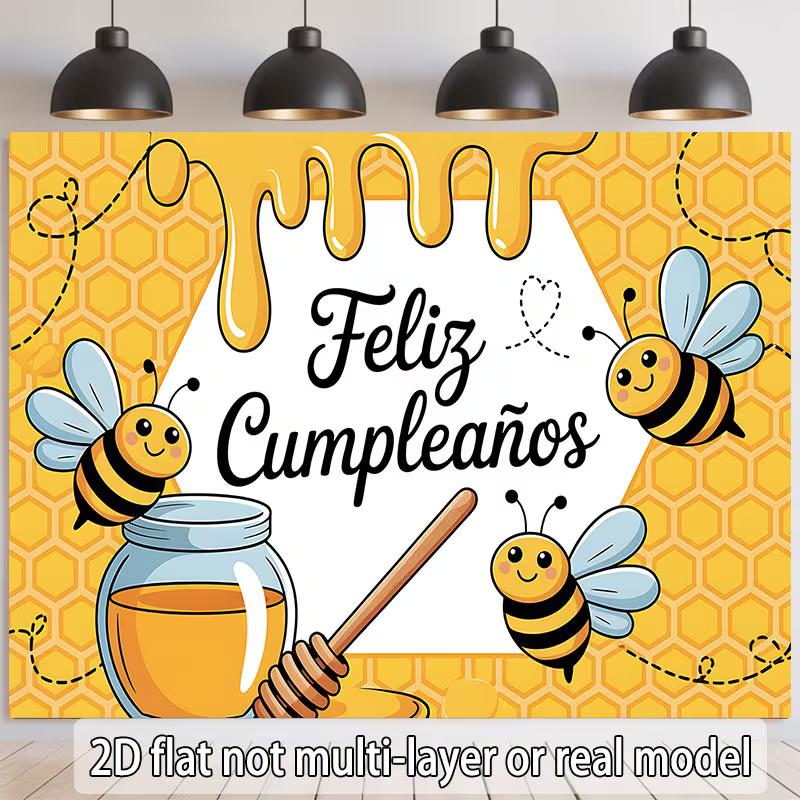 

2D Bee Theme Feliz Cumpleanos Backdrop Kids Spanish Birthday Party Decor 47.2x31.5inch/120*80cm
