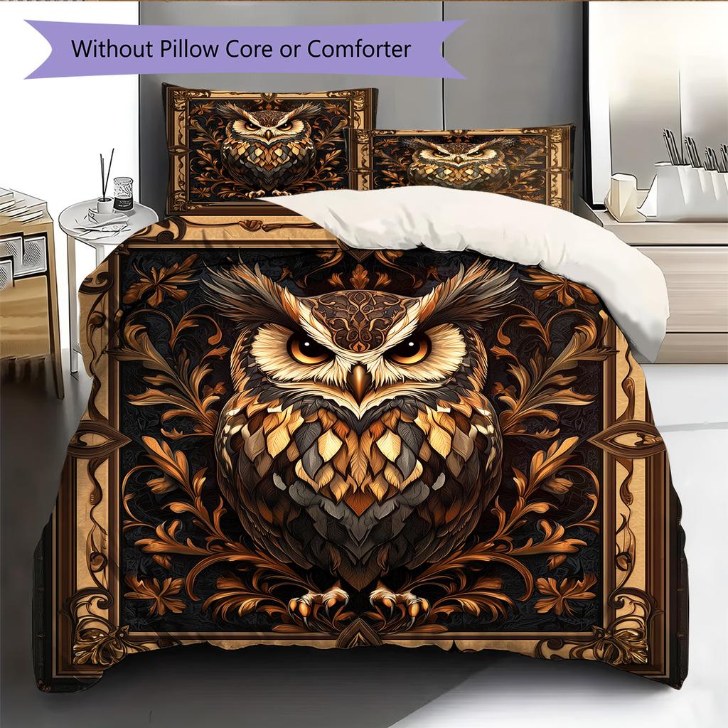 Retro Patterned Owl  Pattern Bedding Quilt Set Quilt Cover Pillowcase Home Decoration  Gift (1 * Duvet Cover + 2 * Pillowcase, Without Core)