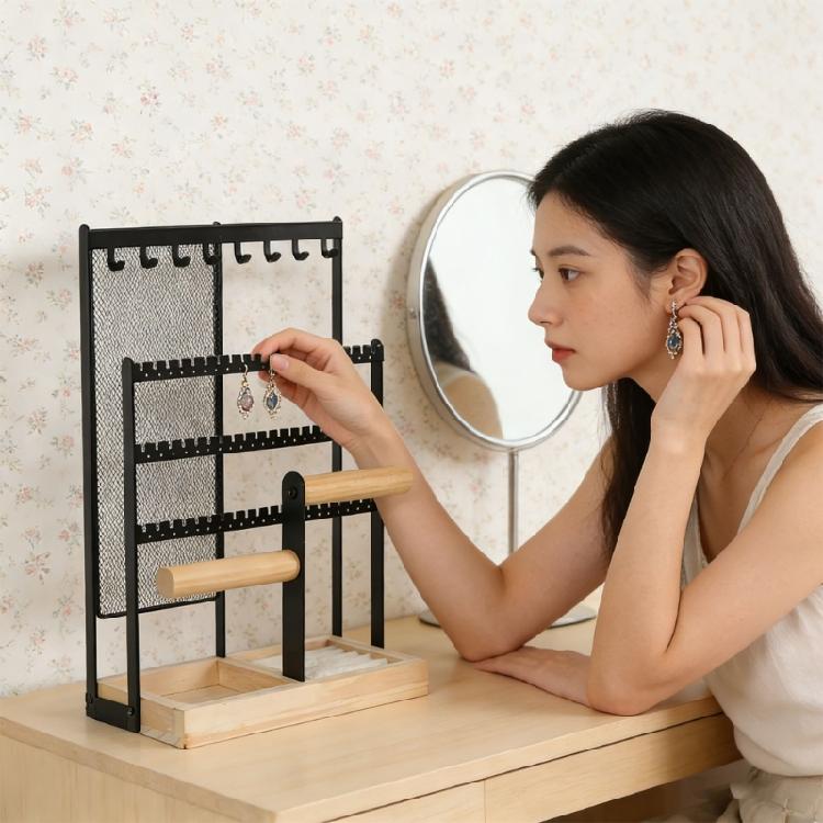Jewelry Organizers Mesh Grid Design Suitable for Displaying Earrings Necklaces Rings Home or Shop Use Iron Wood Texture