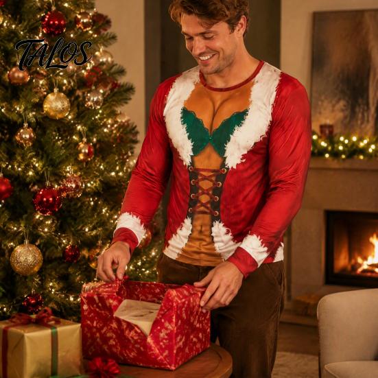 Creative Party Clothes Funny Christmas Shirt, Hilarious 3D Fake Corset Chest Print Crew Neck Shirt Pullover Top, Novelty Long Sleeve Festival Costume