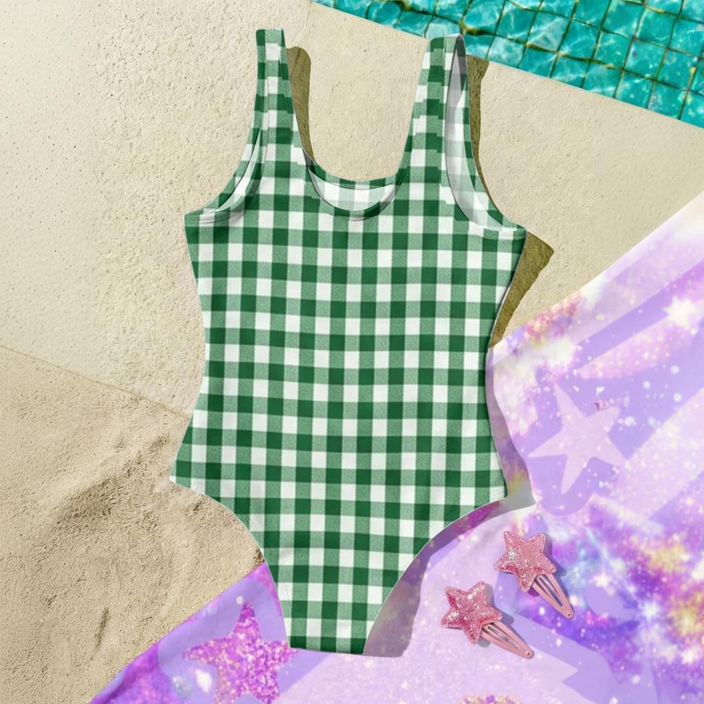 Mädchen Einteiler Badeanzug Kariertes Muster Sommer Strandmode Kinder Badebekleidung Leichte Bequeme Passform