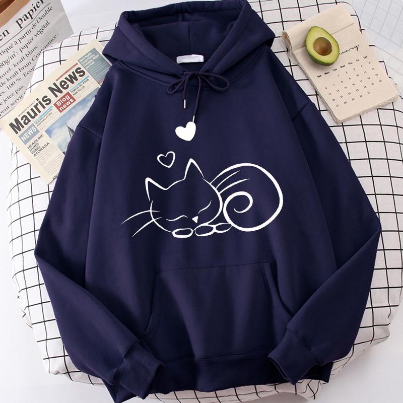 Women's Sleeping Cat and Hearts Printed Casual Sweatshirts Graphic Gothic Pocket Hoodies Y2k Hooded Kawaii Clothes
