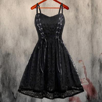 Vintage Goth styl Punk Rock koronkowy pasek z siateczki Splice Mini sukienka kobiety Spaghetti pasek nadruk z czaszką luźne obszycie sukienka na Halloween bez rękawów