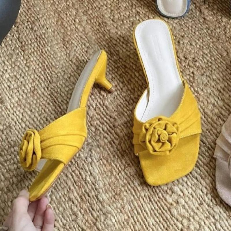 Fashion Summer Fashion Pleated Floral Slippers Women Sexy Square Toe Kitten Heel Slide Sandals Elegant Comfortable Brand Designer Shoes