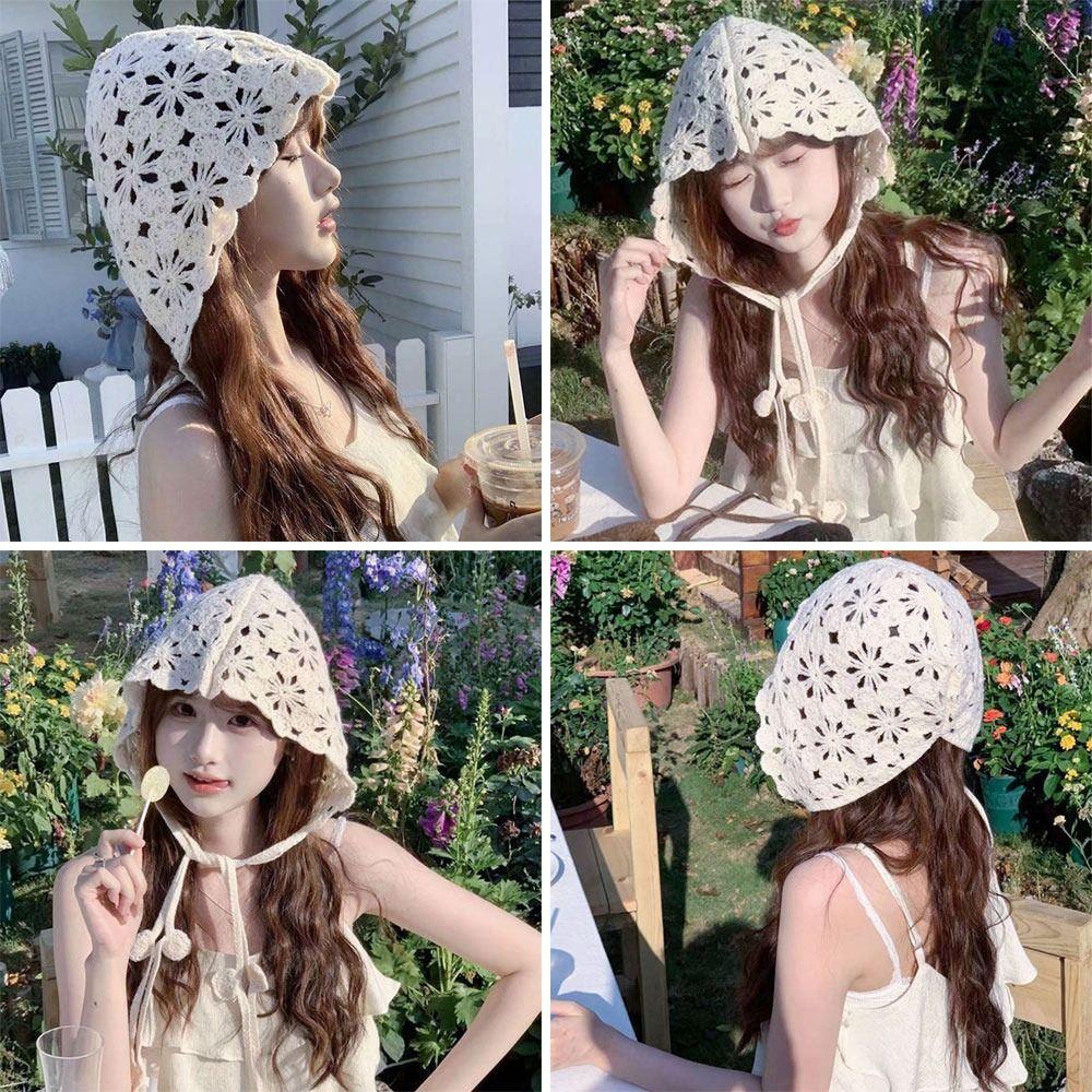 Bohemian Beret Cap Hand-knitted Knitted Hat Fashion Summer Flower Hat  for Women