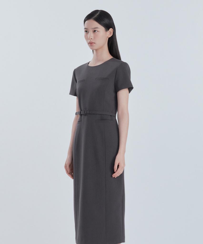 Mausolleum Belted Round Neck Long Suit Dress - Charcoal