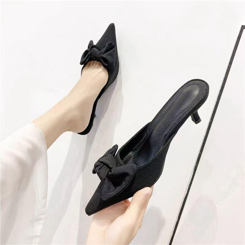 New Style Butterfly-knot Mules Women Slippers Elegant Pointed Toe Thin High Heels Ladies Summer Fashion Party Prom Shoes