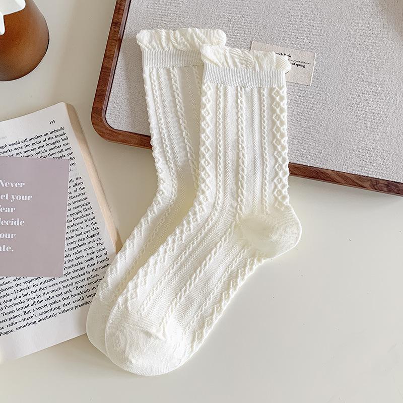 Women's White Ruffle Mid-Calf Ballet Socks - Autumn Lace, Breathable, Scrunched JK Style