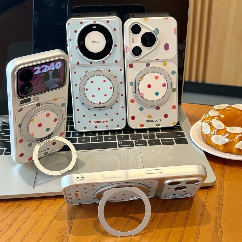 Applicable to iPhone17ProMax color polka dot mobile phone case rotating bracket magnetic suction Apple 16 anti-drop soft case 13