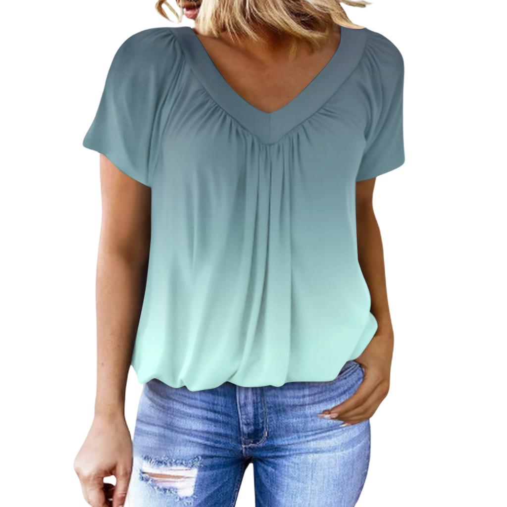 Women's Casual Color V-Neck Pleated Gradient Print Short-Sleeve Top