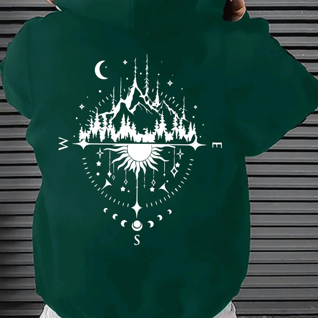Occult Compass Mountain Forest Hoodie Unisex Men Women Sun Moon Phase Back Print Graphic Casual Streetwear Pullover Sweatshirt