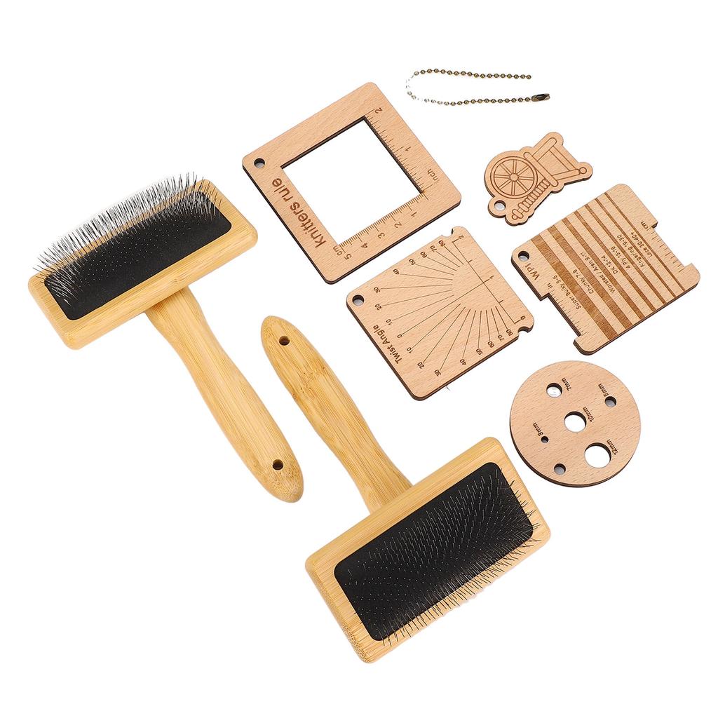 8PCS Set Wooden Knitting Gauge Wool Brush Set Wool Felting Brush and Knitting Measure Tool Kit