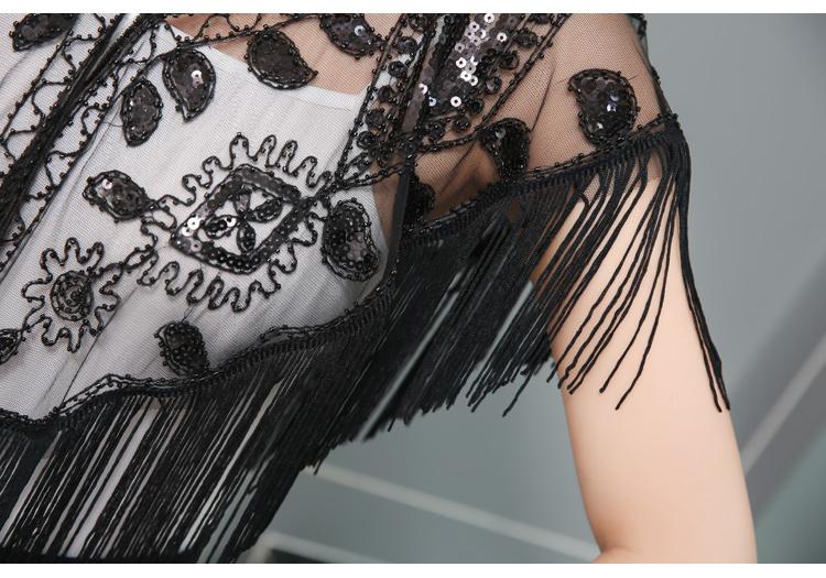 Cárdigans de Punto Patchwork con Borlas para Mujer Chal Vintage Top para Fiesta Cena Bufanda Chalinas Malla con Cuentas Capa Capeleta de Lentejuelas Flecos