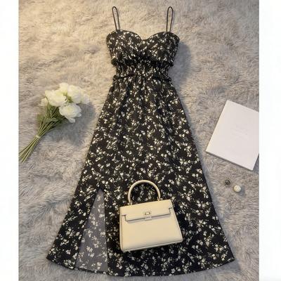 Floral Tube Top Dress Women's Inner Cover Waist Split Suspender Black Long Skirt Spring New Coffee Break Dress
