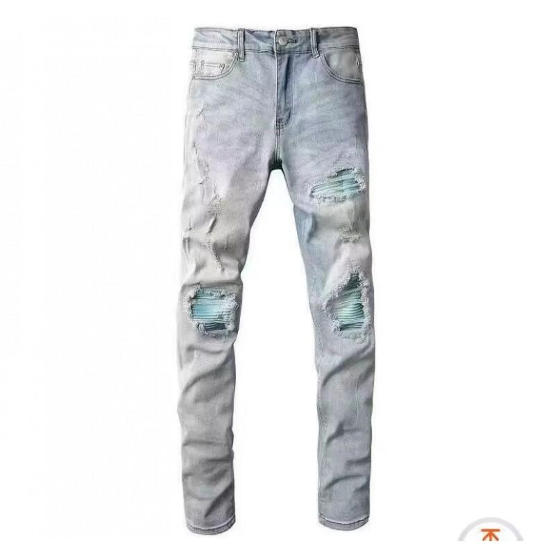 Mens Slim Fit Distressed Denim Jeans With Embroidered Patch Vintage Ink Wash Stretch Cotton Streetwear Style