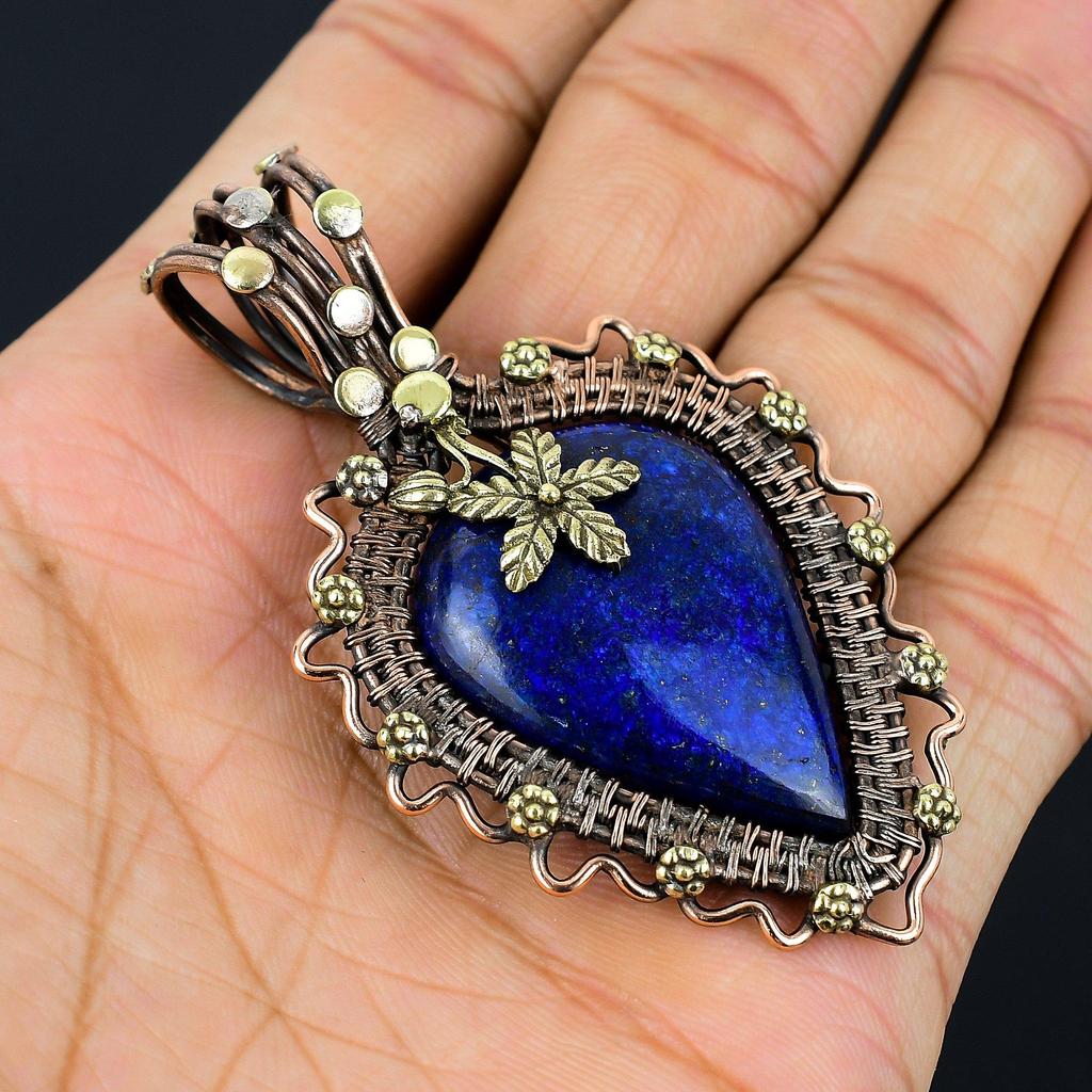 Lapis Lazuli Gemstone Copper Wire Wrap Handmade Pendant Jewelry Gift For Love