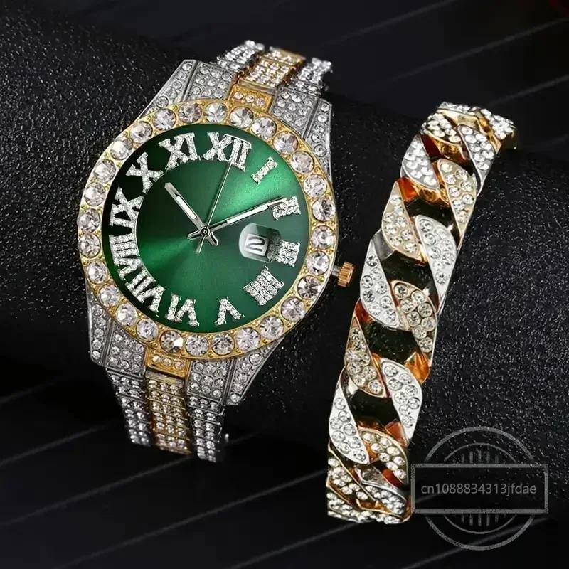 1/2pc Watch Bracelet Hip Hop Stainless Steel Gold Color Calendar Watch for Men Iced Out Paved Rhinestones Men Watch Reloj Hombre