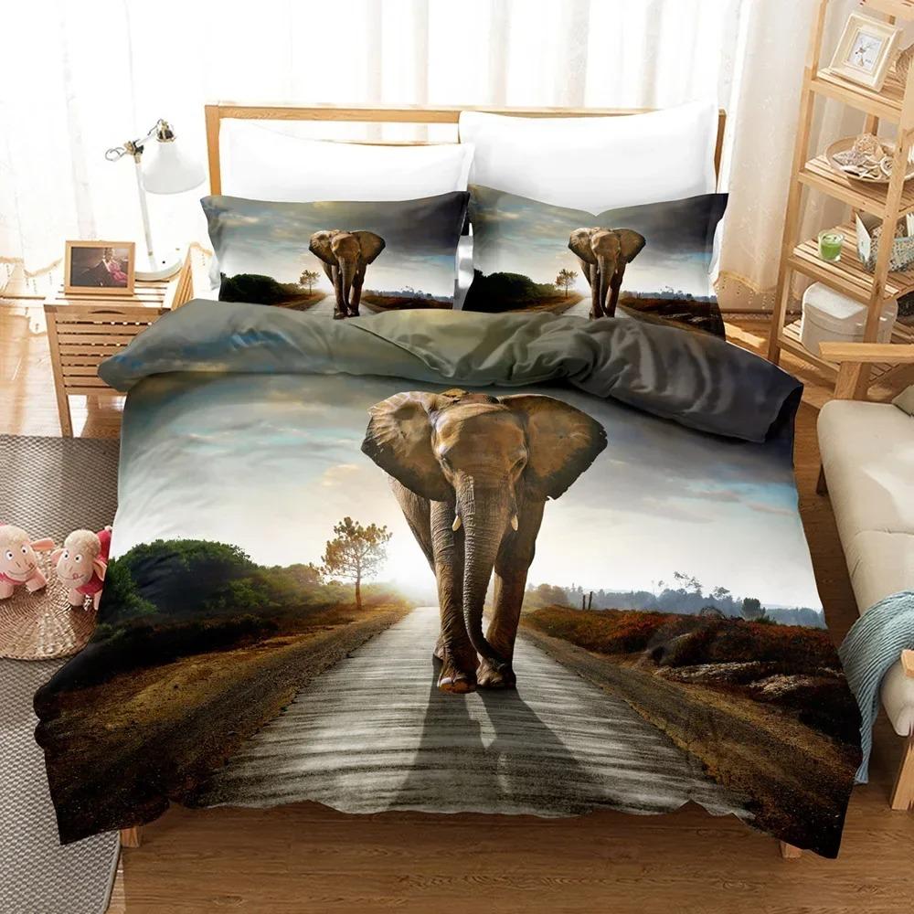 3D Elephant Bedding Set Queen Full Duvet Cover Sets Design Elephant Bedspread Black Wildlife Soft 2/3pcs Microfiber Quilt Cover