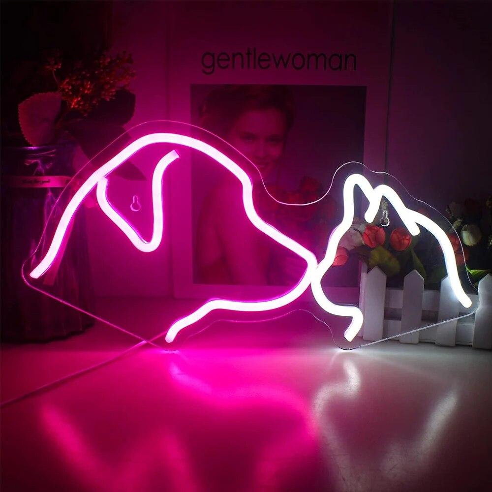 Cat And Dog LED Neon Sign USB Powered Night Light, 3D Wall Art Decor Neon Signs For Bedroom Living Room Decor Gift for Children