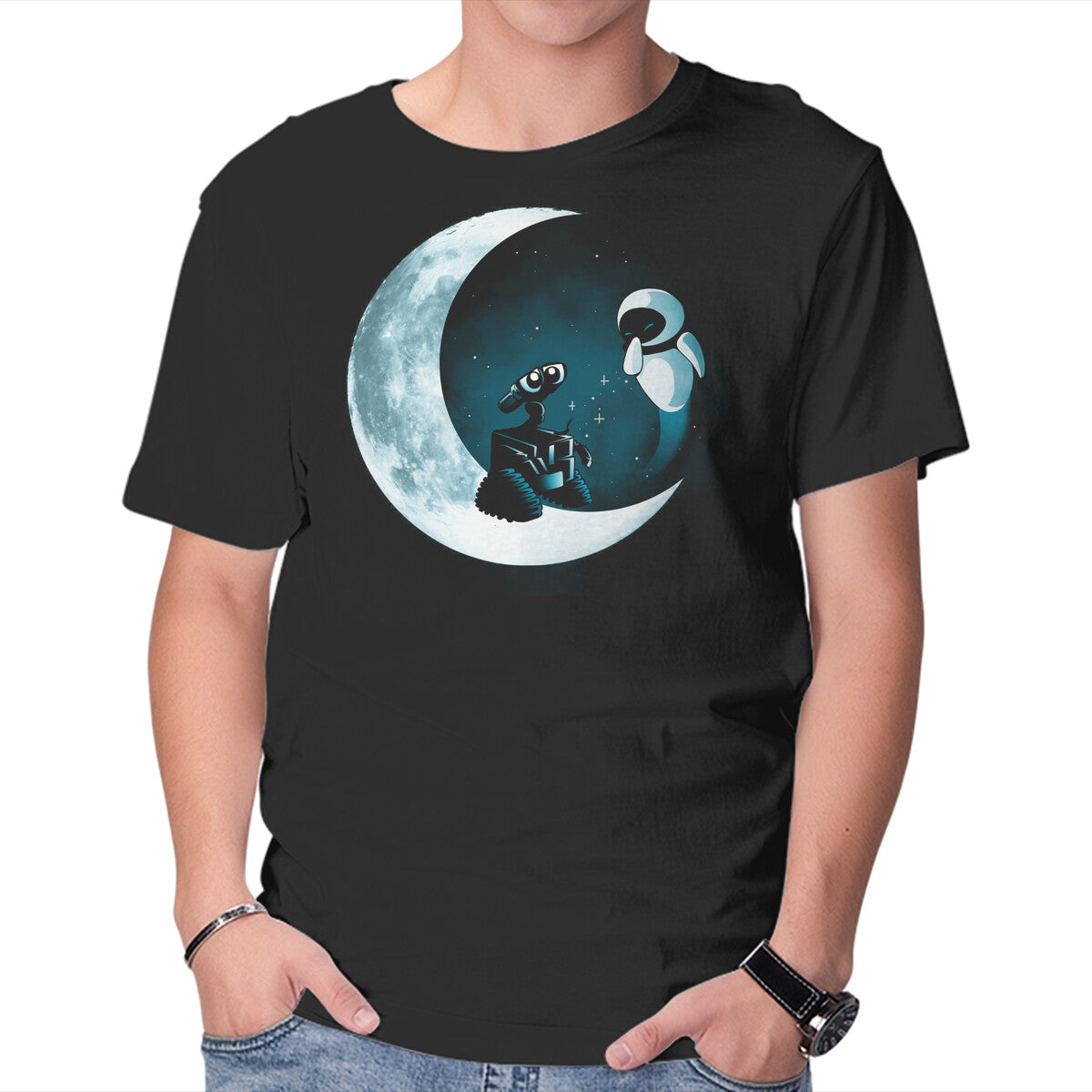 Unisex Crew Neck T-Shirt Love Robot Moon Graphic Short Sleeve Casual Tee XXXL