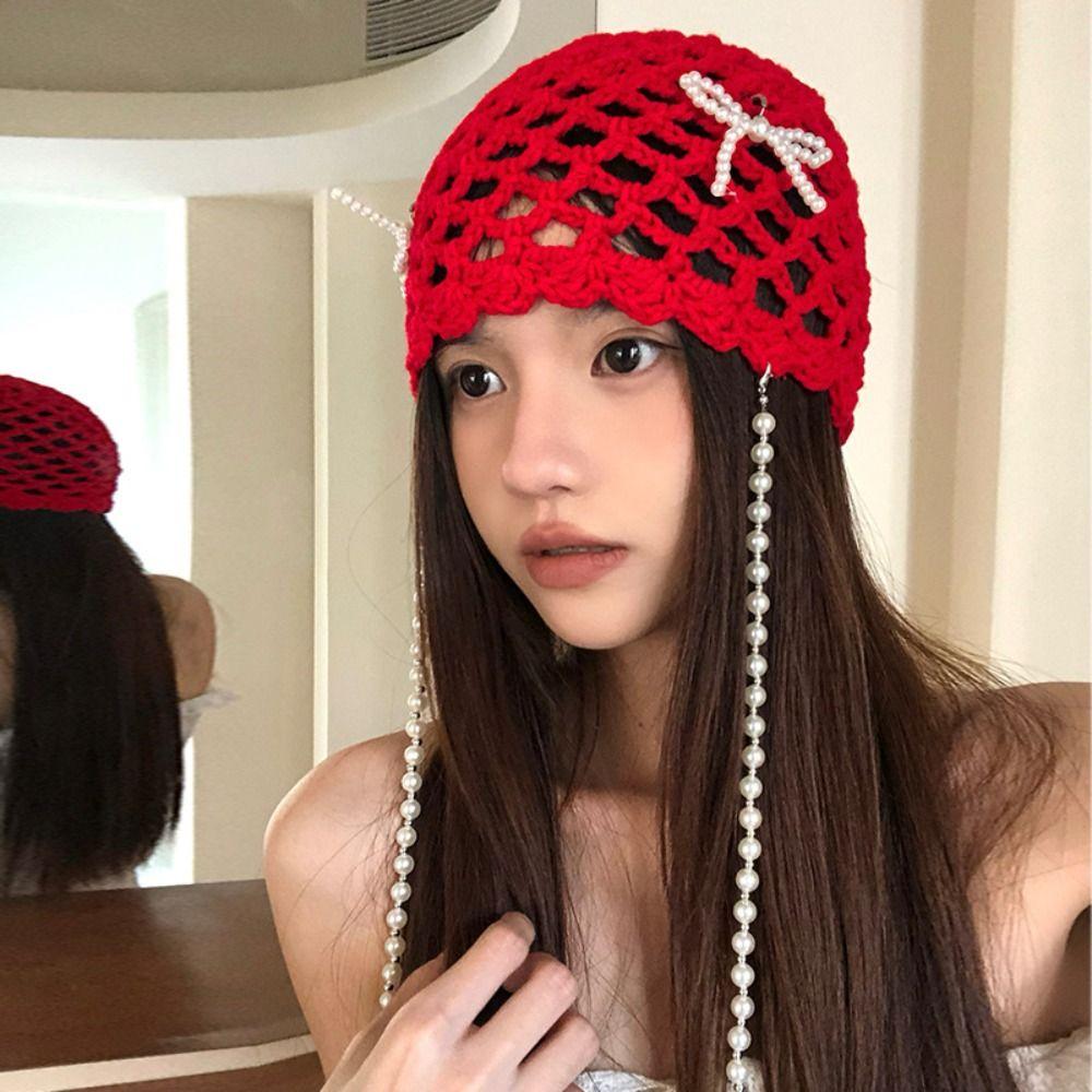 Hollow Out Crochet Knitted Hat Pearl Tassels Weave Cap Vintage Ethnic Style Hat  Outdoor