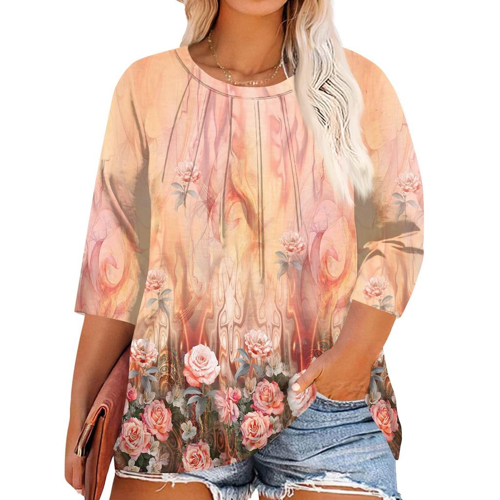 Women's Print Round Neck Plus Size Tops 3/4 Sleeves Elegant Shirt Tops
