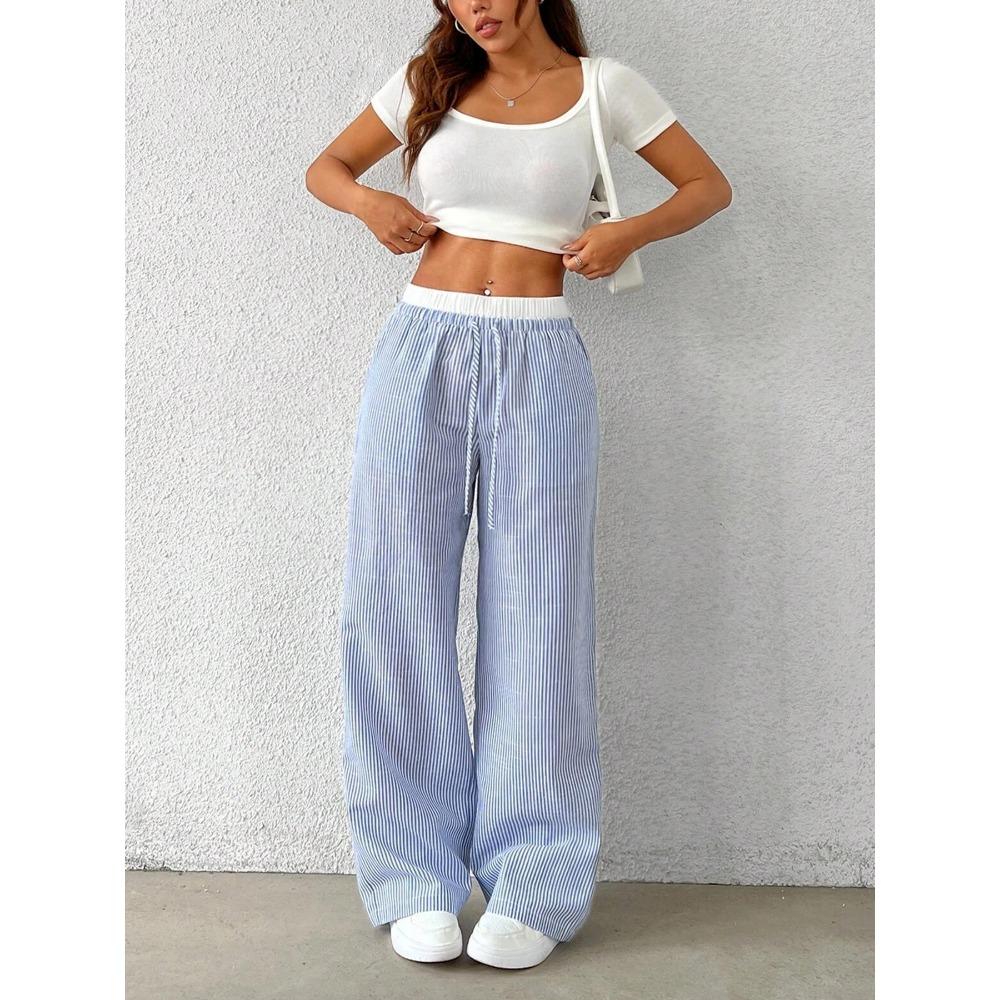 2025 New Amazon European and American Cross-border Women's Fashion Stripe Plaid Insert Color Loose Wide Leg Pants Casual Pants