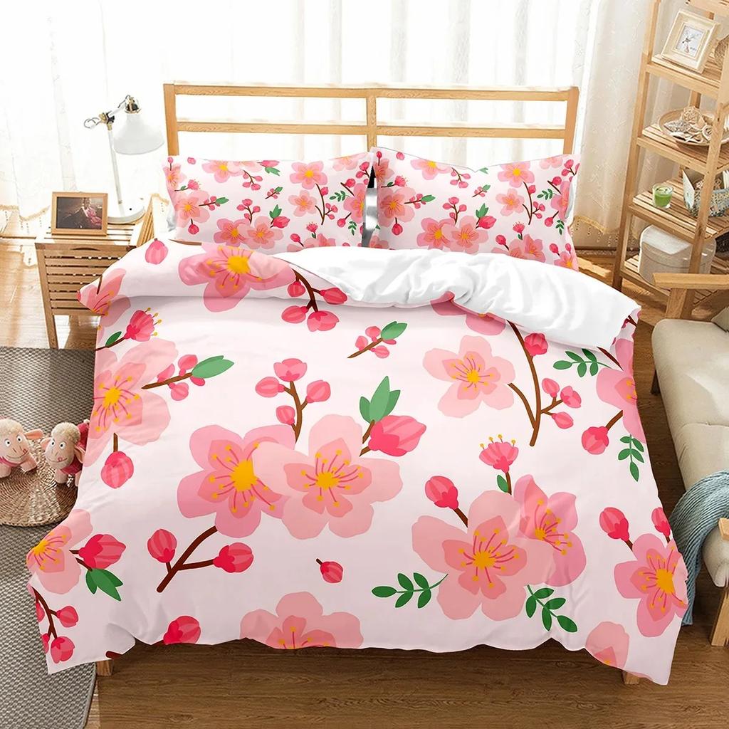 Plum Flower Duvet Cover Set Red Flower Pattern Bedding Set for Girls Women Polyester Comforter Cover Quilt Cover King Full Size
