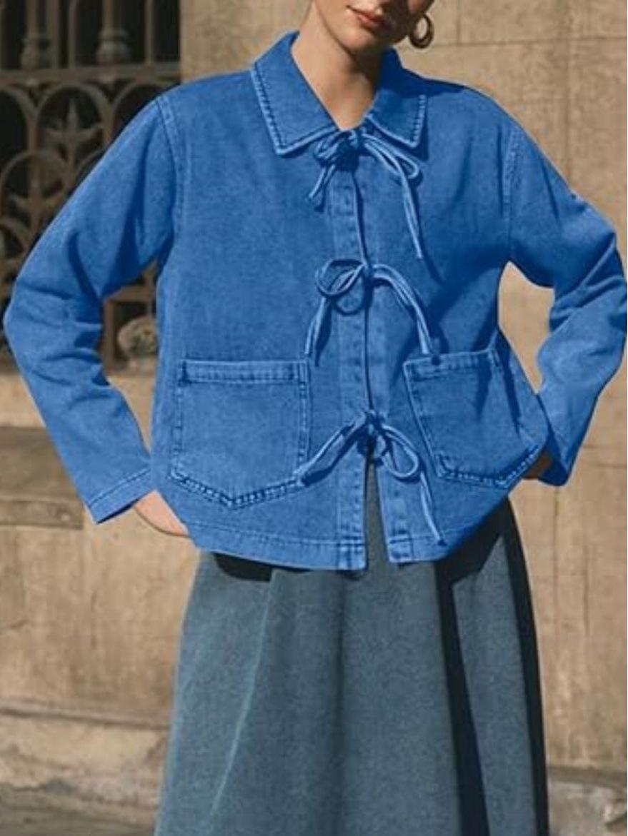 

Fashion Denim Stand Collar Lace-Up Long Sleeve Top Large