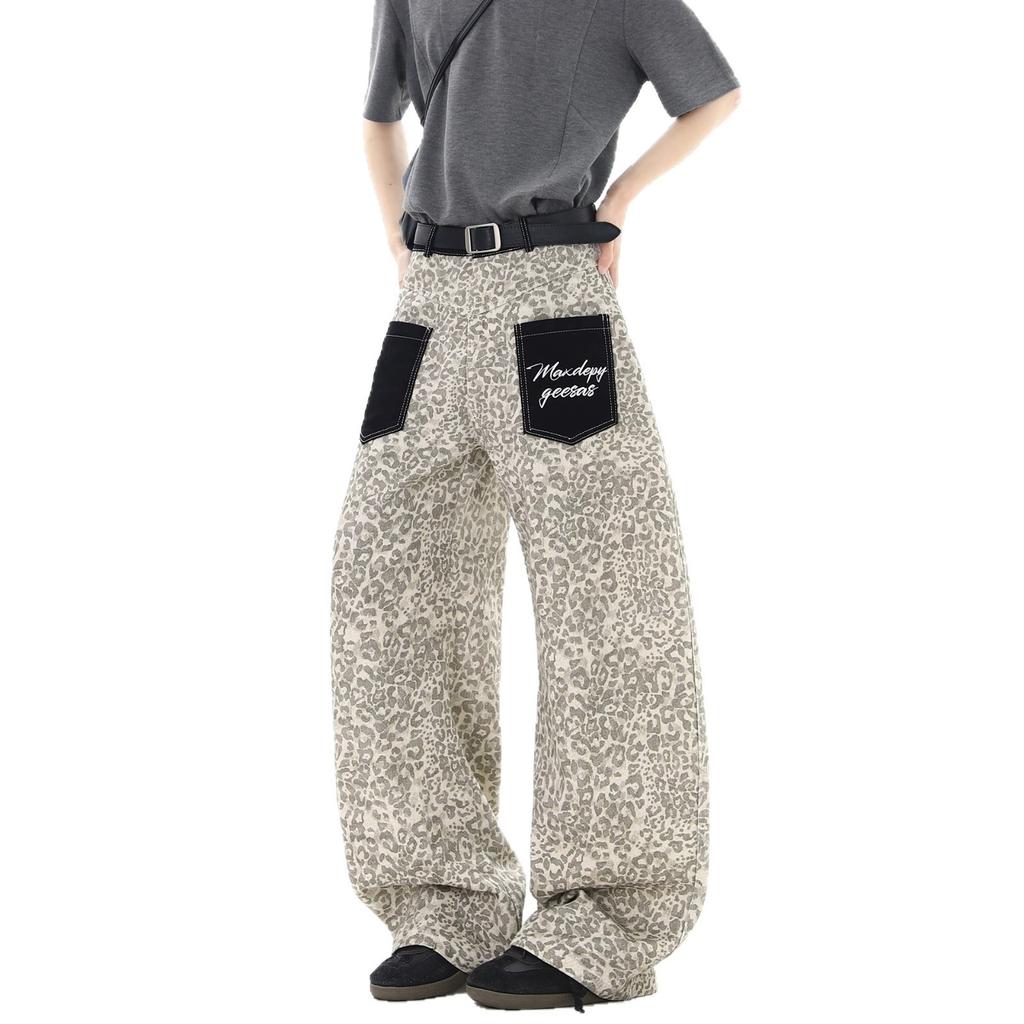 American Leopard Print Patch Pocket Jeans Men's and Women's Summer High Street Design Scimitar Pants Loose Large Size Wide Leg Pants