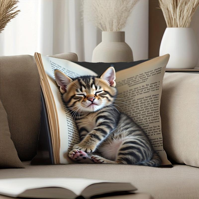 Vibrant Bohemian Style Short Plush Pillow Cover 45x45cm Charming Kitten Living Room Bedroom Decor (Pillow Insert Not Included)